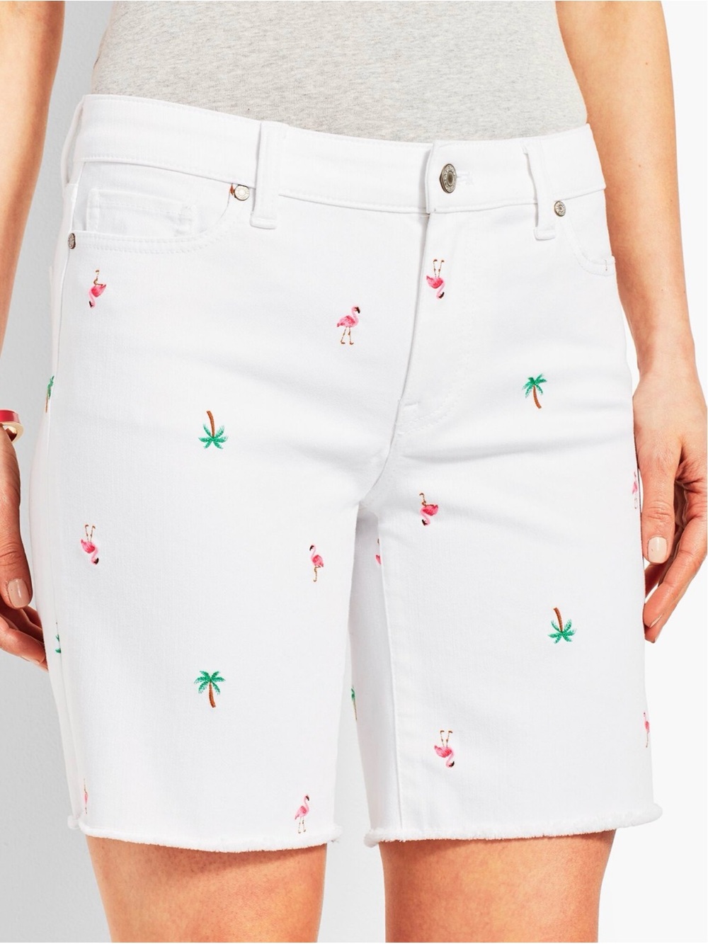 🌴🦩Talbots White Denim 7” Mid-rise Shorts Pink Flamingo & Green Palm Embroidery - Picture 2 of 11